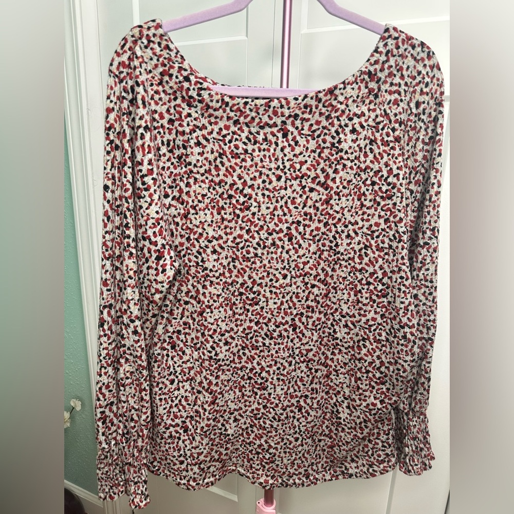 Sharagano Longsleeve Top Sz XL elastic cuffs,scoop neck, brow/red/multicolor